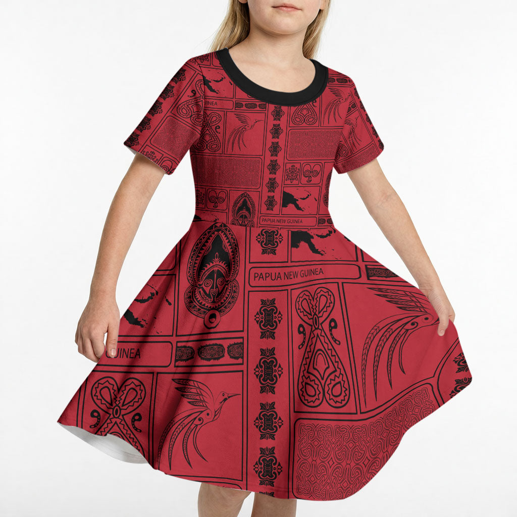 Papua New Guinea Heritage Motif Kid Short Sleeve Dress Red Version
