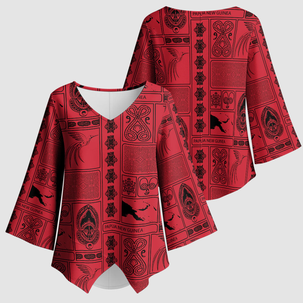 Papua New Guinea Heritage Motif Kimono Sleeve Blouse Red Version