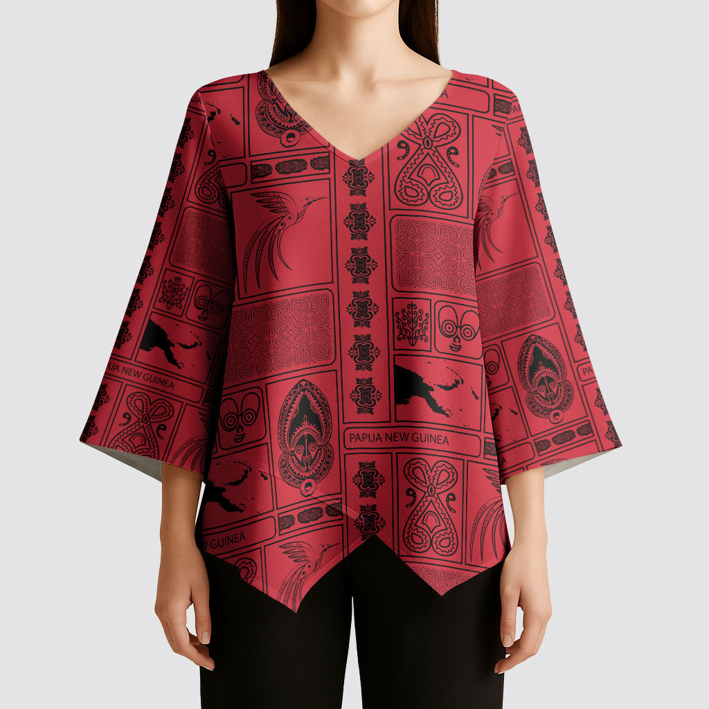 Papua New Guinea Heritage Motif Kimono Sleeve Blouse Red Version
