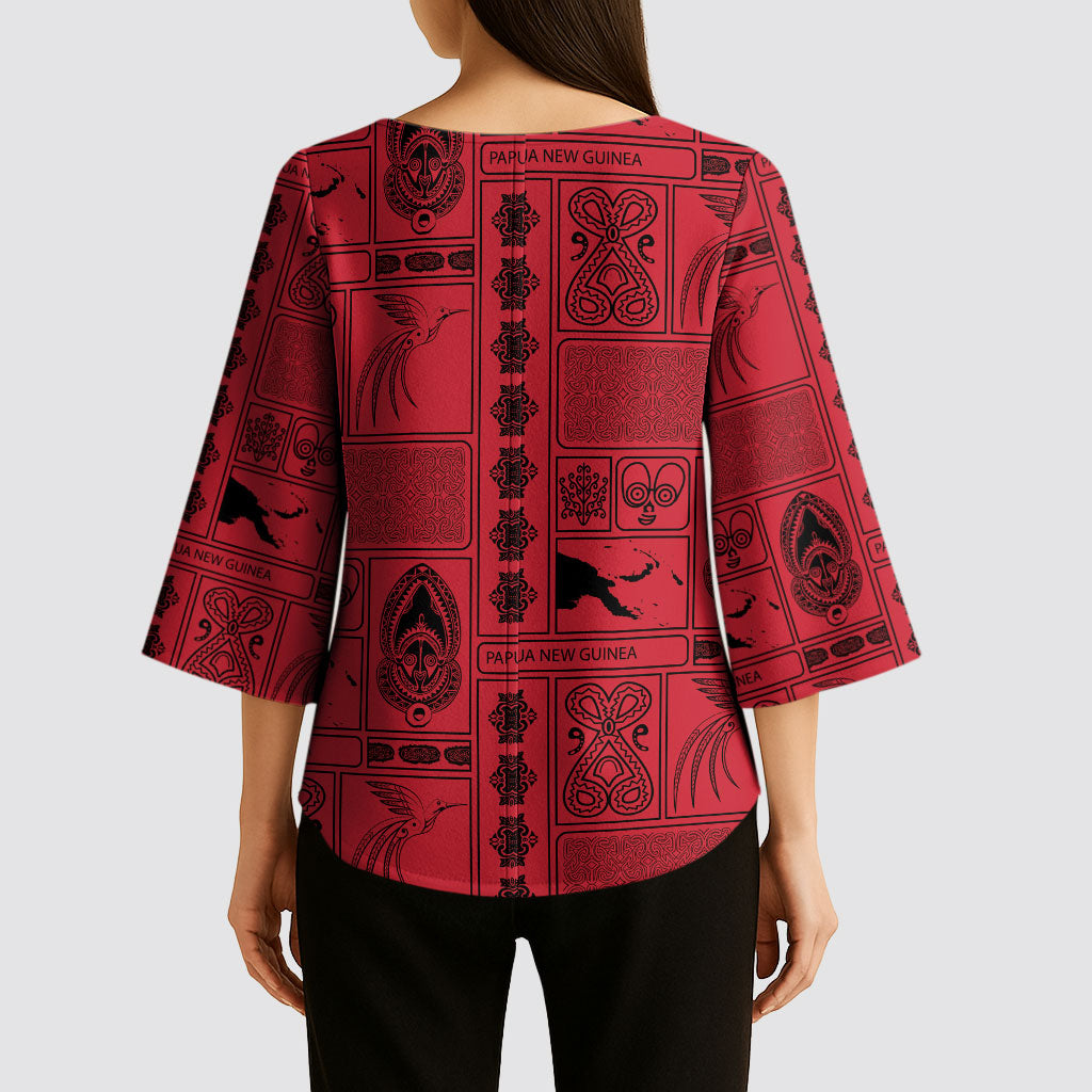 Papua New Guinea Heritage Motif Kimono Sleeve Blouse Red Version