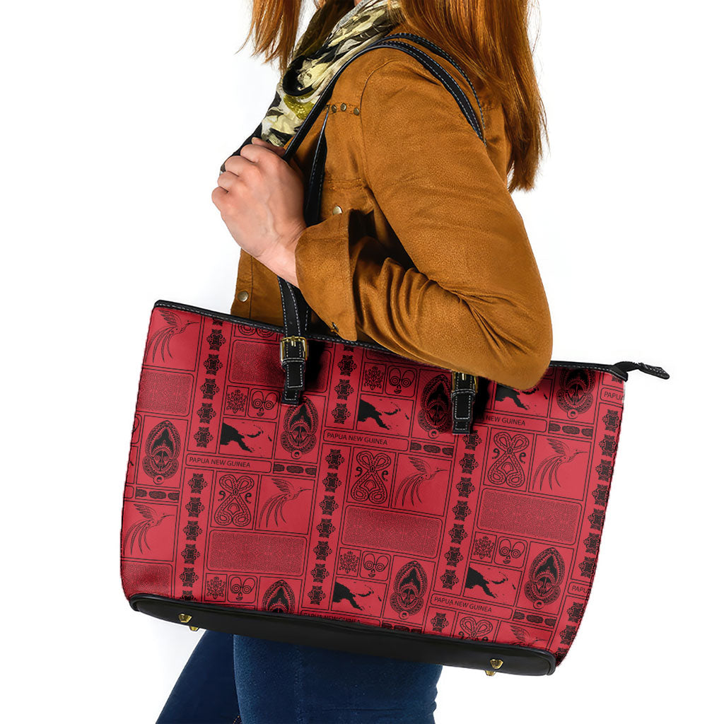 Papua New Guinea Heritage Motif Leather Tote Bag Red Version