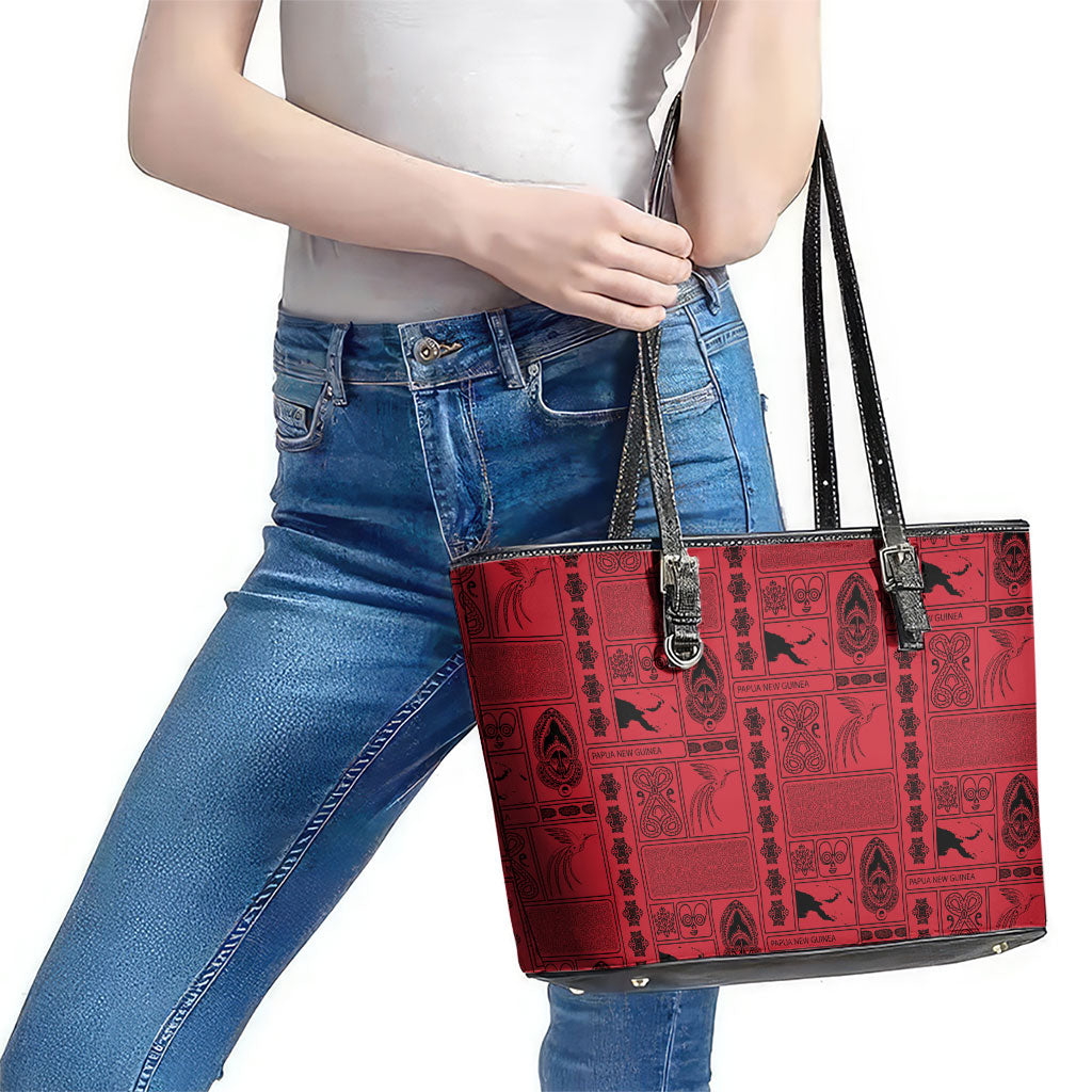 Papua New Guinea Heritage Motif Leather Tote Bag Red Version