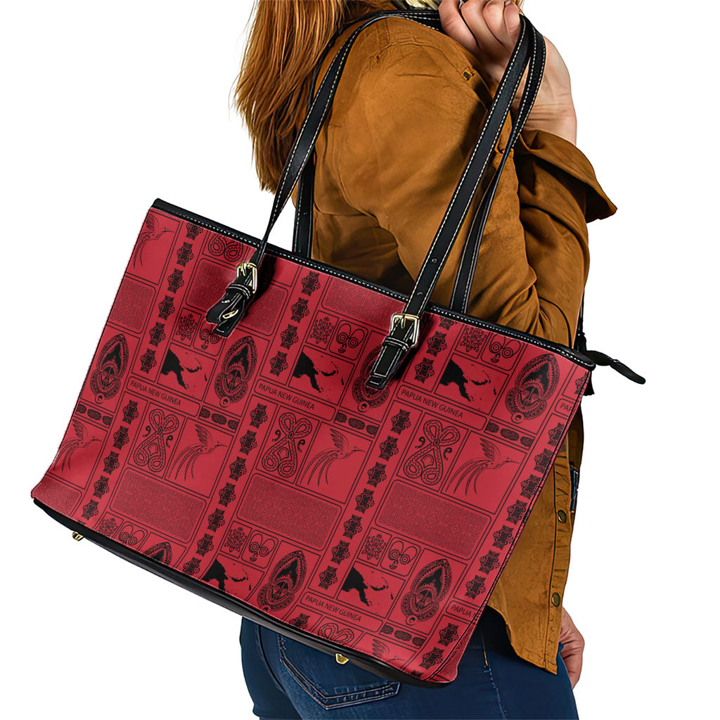 Papua New Guinea Heritage Motif Leather Tote Bag Red Version