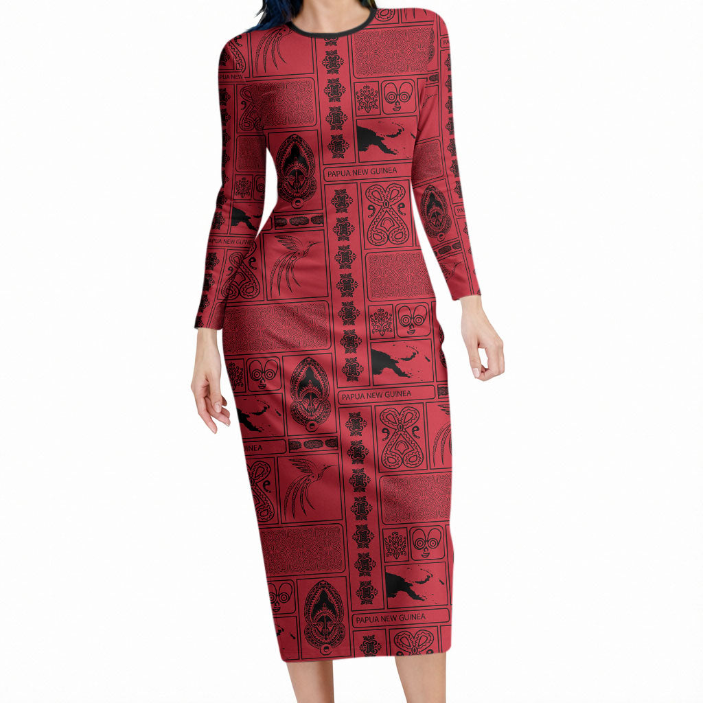 Papua New Guinea Heritage Motif Long Sleeve Bodycon Dress Red Version LT05 Long Dress Red - Polynesian Pride