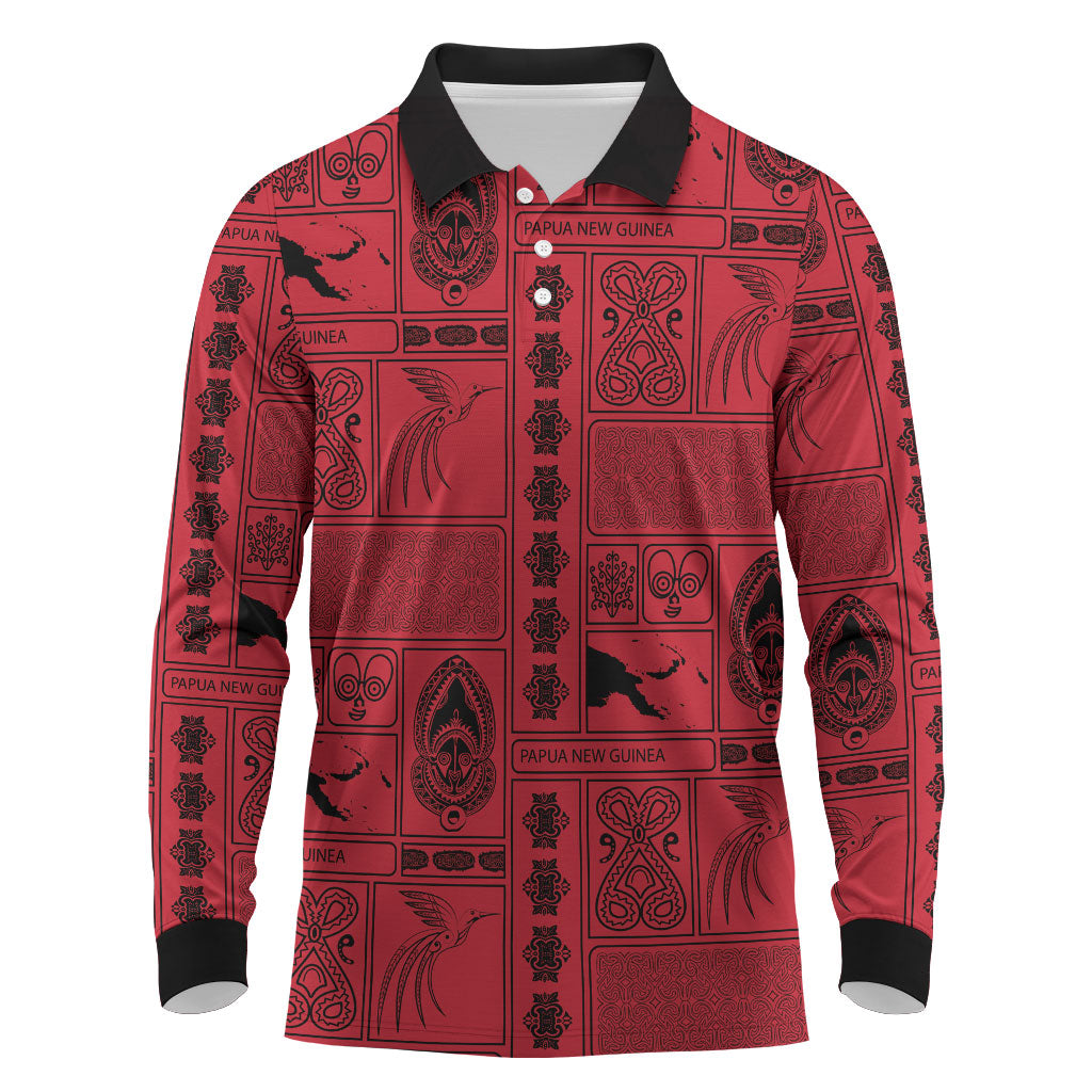 Papua New Guinea Heritage Motif Long Sleeve Polo Shirt Red Version