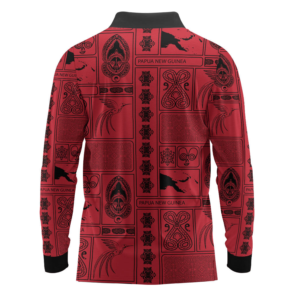 Papua New Guinea Heritage Motif Long Sleeve Polo Shirt Red Version