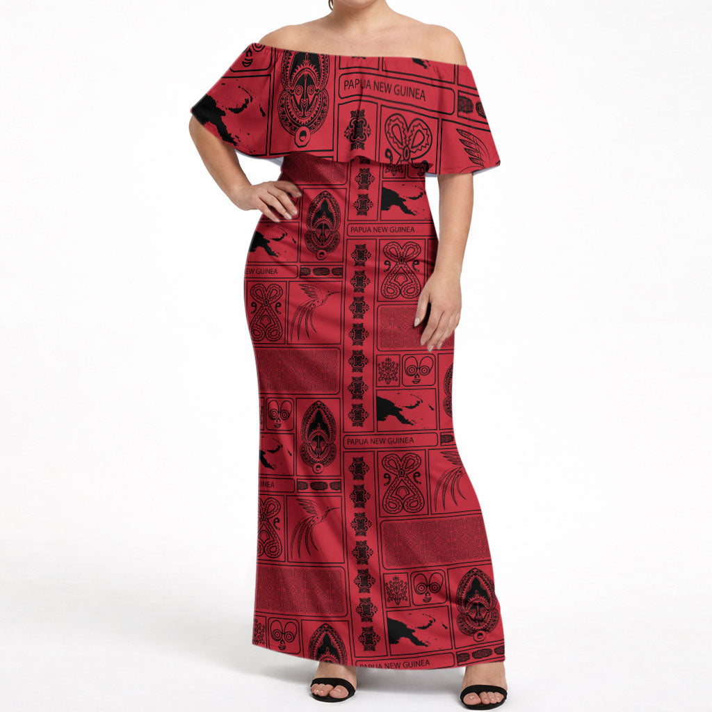 Papua New Guinea Heritage Motif Off Shoulder Maxi Dress Red Version
