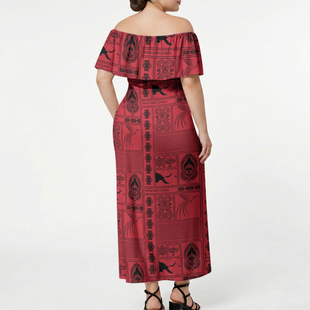 Papua New Guinea Heritage Motif Off Shoulder Maxi Dress Red Version