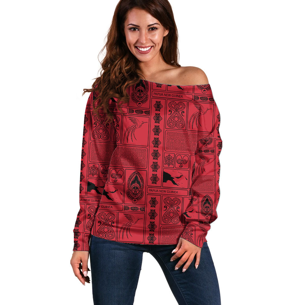 Papua New Guinea Heritage Motif Off Shoulder Sweater Red Version