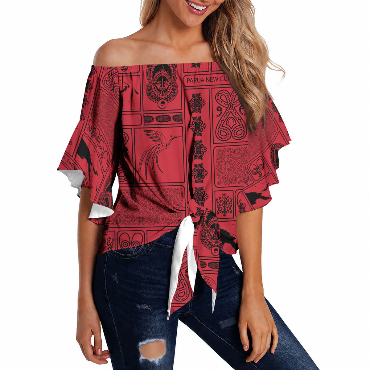 Papua New Guinea Heritage Motif Off Shoulder Wrap Waist Top Red Version