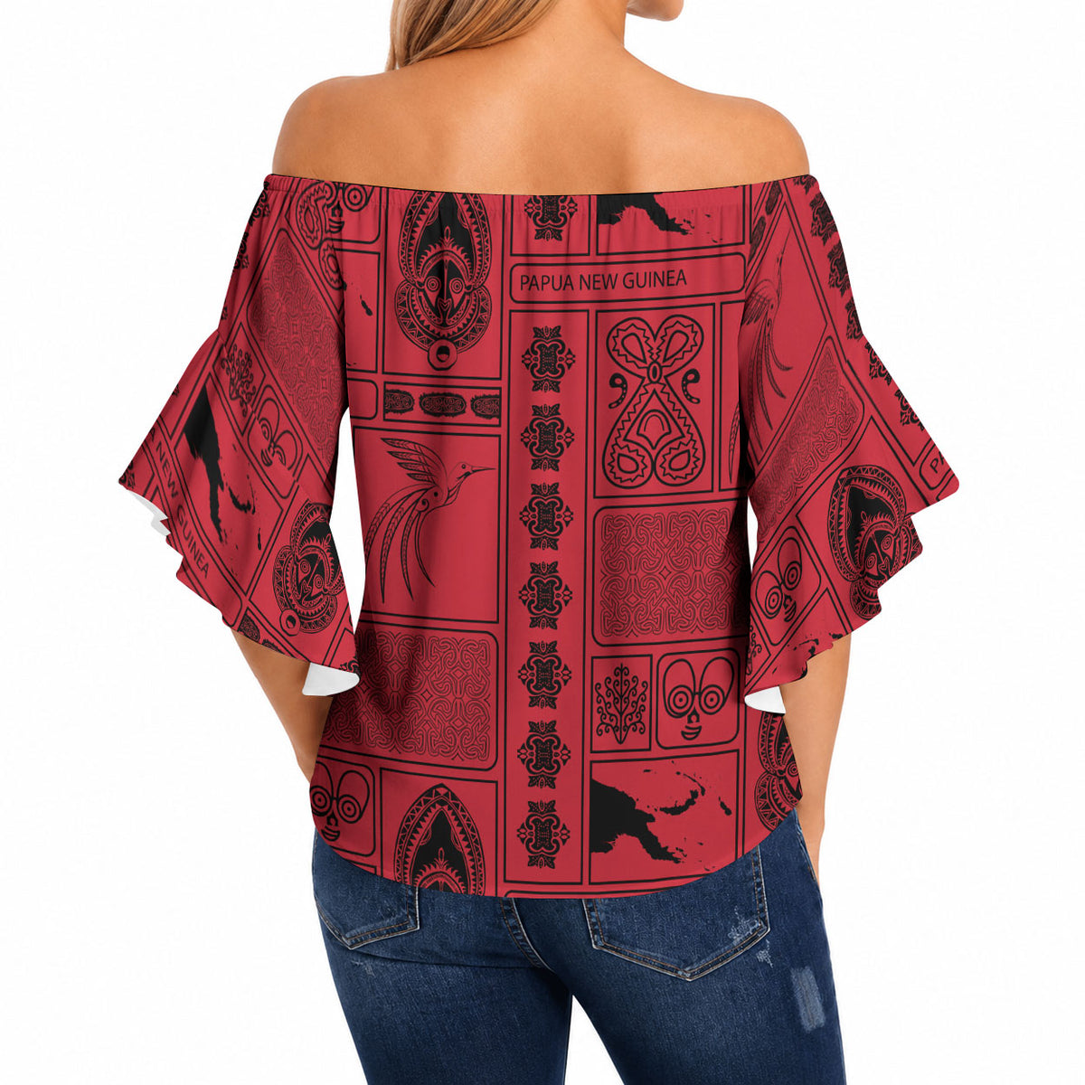 Papua New Guinea Heritage Motif Off Shoulder Wrap Waist Top Red Version