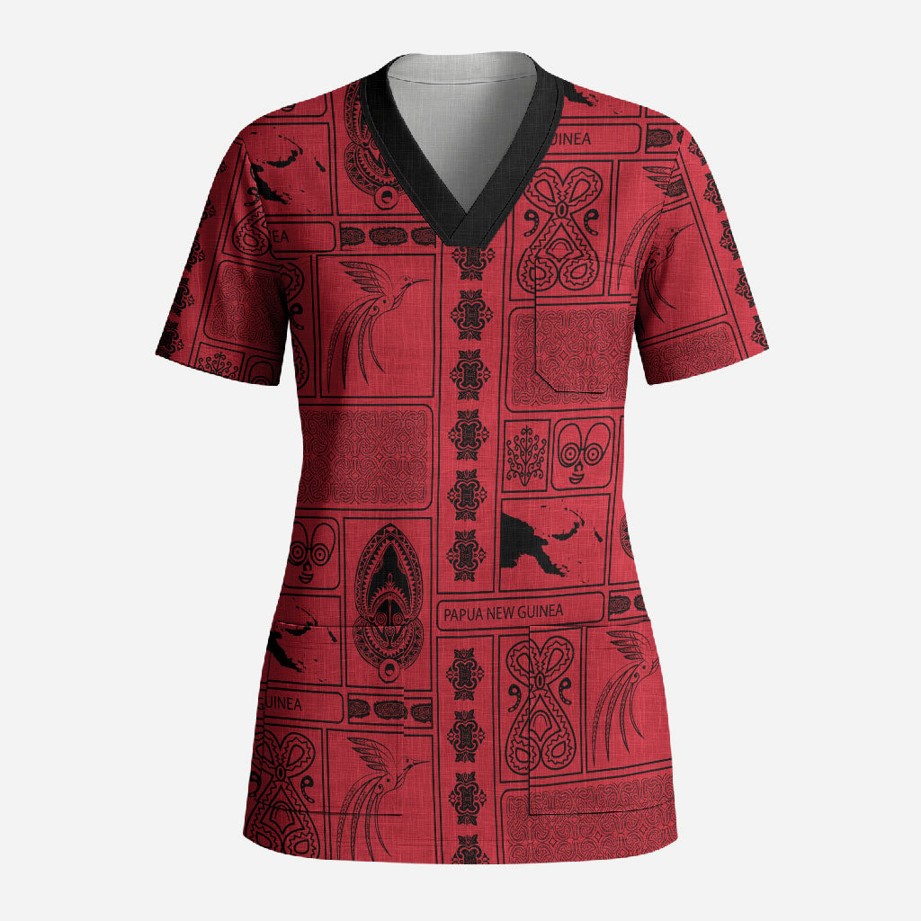 Papua New Guinea Heritage Motif Scrub Top Red Version LT05 Adult Red - Polynesian Pride