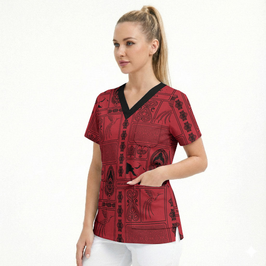 Papua New Guinea Heritage Motif Scrub Top Red Version