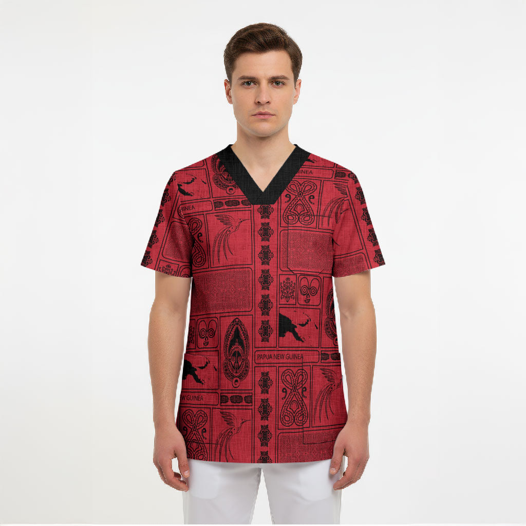Papua New Guinea Heritage Motif Scrub Top Red Version