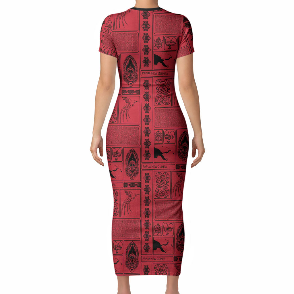 Papua New Guinea Heritage Motif Short Sleeve Bodycon Dress Red Version