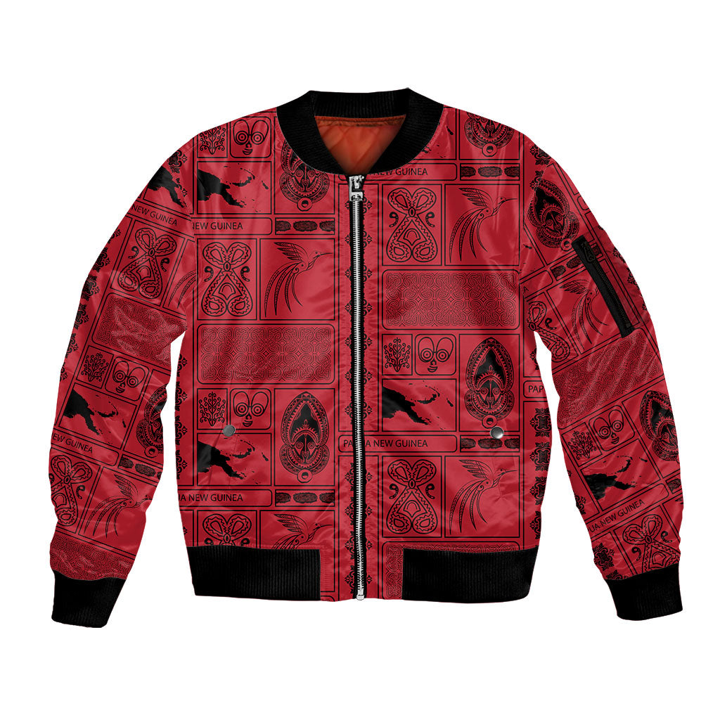 Papua New Guinea Heritage Motif Sleeve Zip Bomber Jacket Red Version LT05 Unisex Red - Polynesian Pride