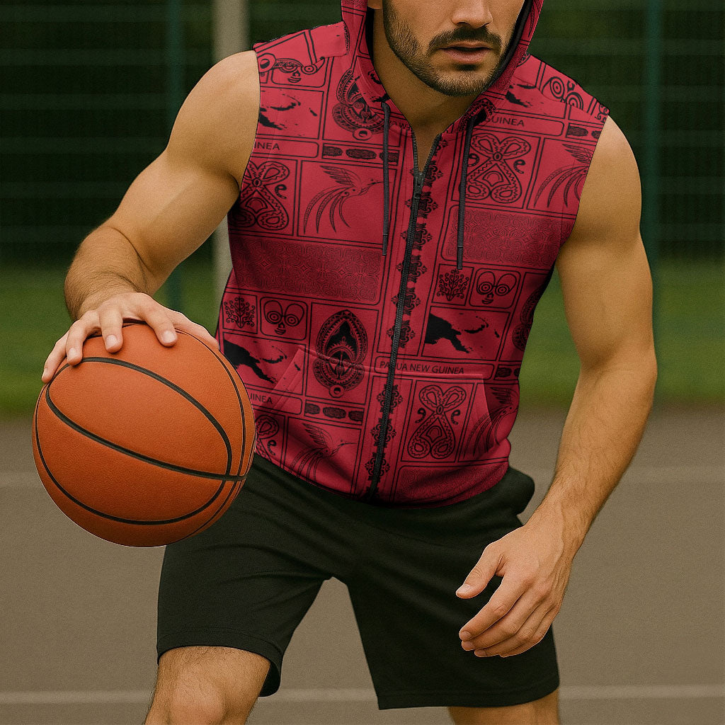 Papua New Guinea Heritage Motif Sleeveless Zip Hoodie Red Version