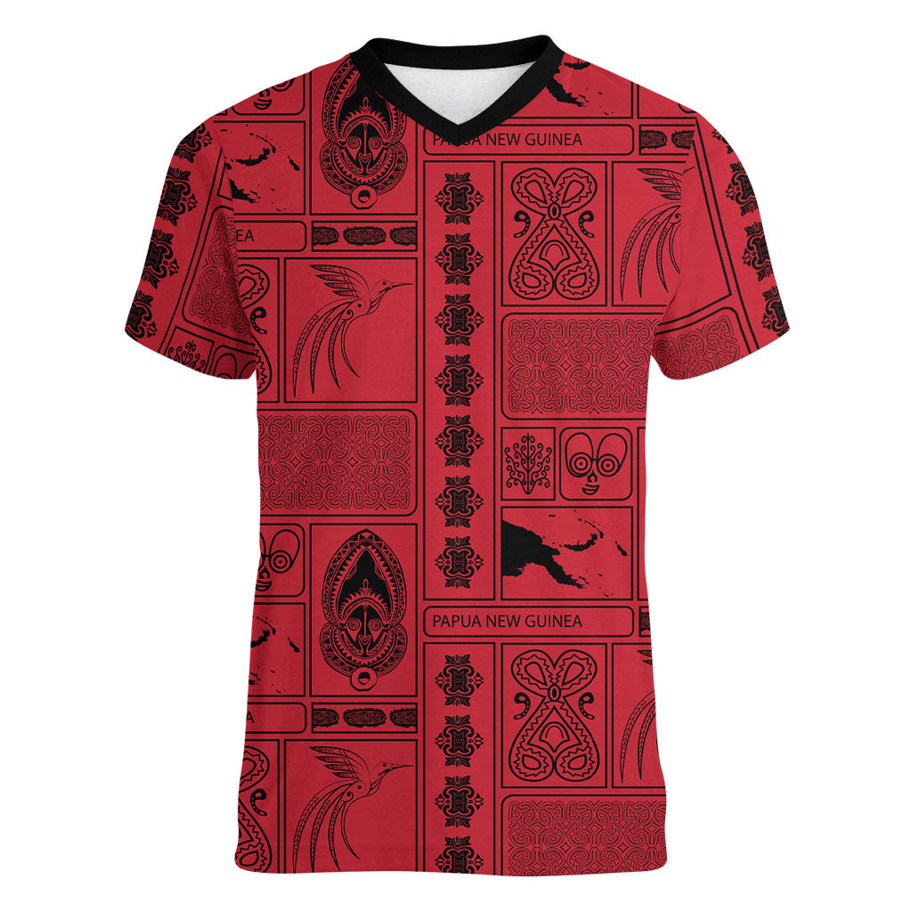 Papua New Guinea Heritage Motif Women V-Neck T-Shirt Red Version