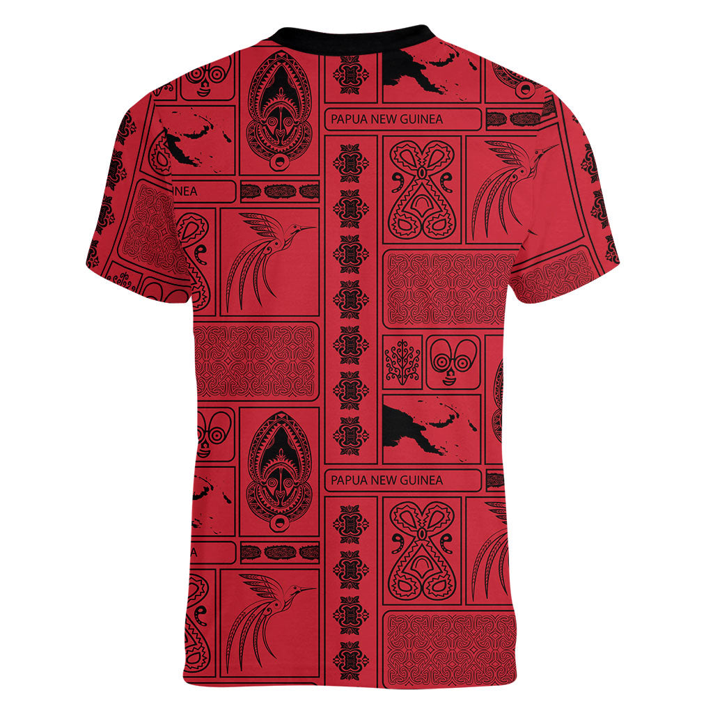 Papua New Guinea Heritage Motif Women V-Neck T-Shirt Red Version