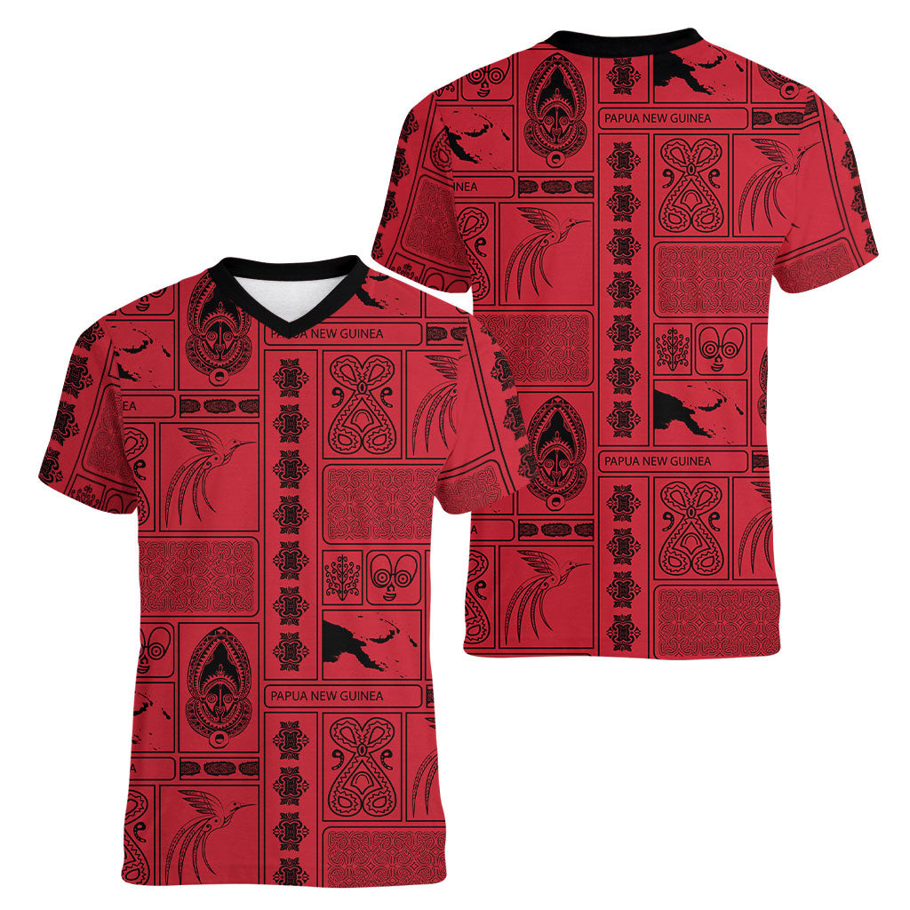 Papua New Guinea Heritage Motif Women V-Neck T-Shirt Red Version