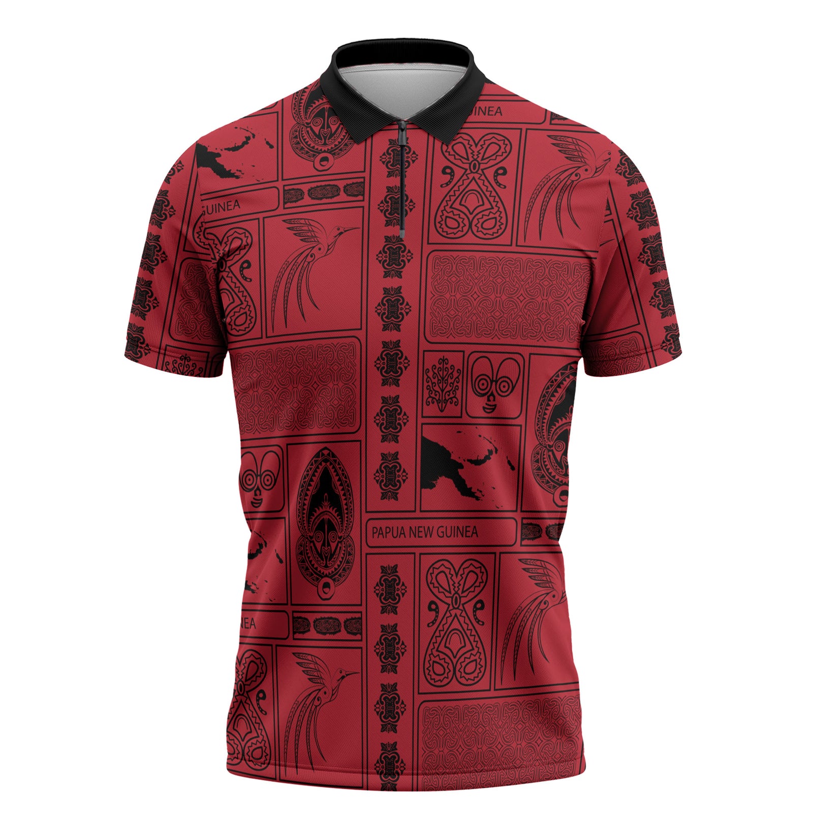 Papua New Guinea Heritage Motif Zipper Polo Shirt Red Version LT05 Red - Polynesian Pride