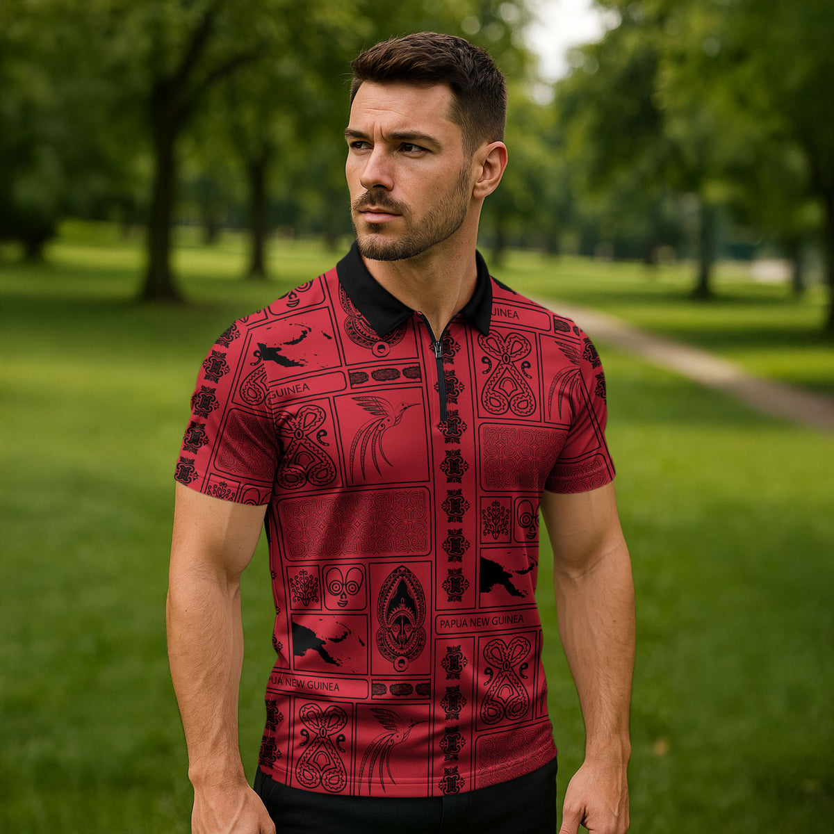 Papua New Guinea Heritage Motif Zipper Polo Shirt Red Version