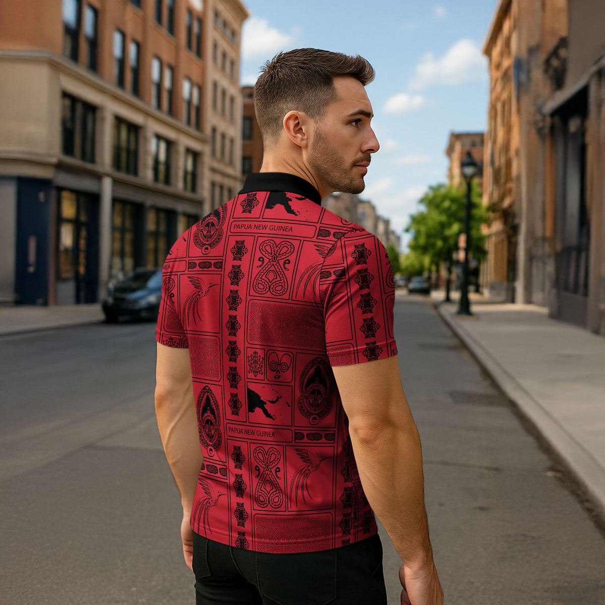 Papua New Guinea Heritage Motif Zipper Polo Shirt Red Version