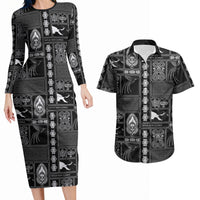 Papua New Guinea Heritage Motif Couples Matching Long Sleeve Bodycon Dress and Hawaiian Shirt Black Version