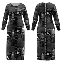 Papua New Guinea Heritage Motif Couples Matching Long Sleeve Bodycon Dress and Hawaiian Shirt Black Version