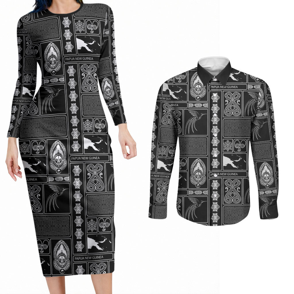 Papua New Guinea Heritage Motif Couples Matching Long Sleeve Bodycon Dress and Long Sleeve Button Shirt Black Version