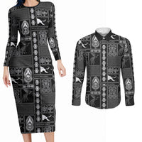 Papua New Guinea Heritage Motif Couples Matching Long Sleeve Bodycon Dress and Long Sleeve Button Shirt Black Version