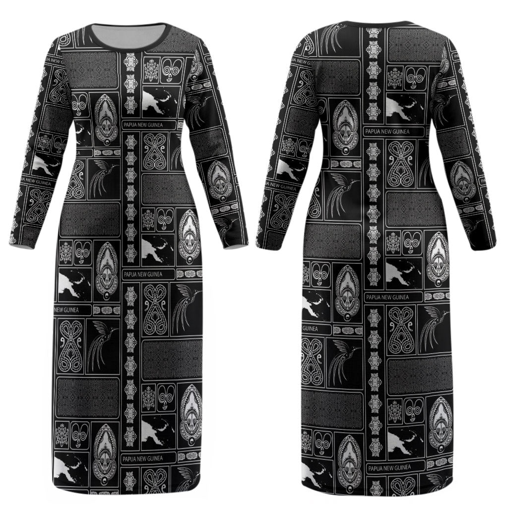 Papua New Guinea Heritage Motif Couples Matching Long Sleeve Bodycon Dress and Long Sleeve Button Shirt Black Version