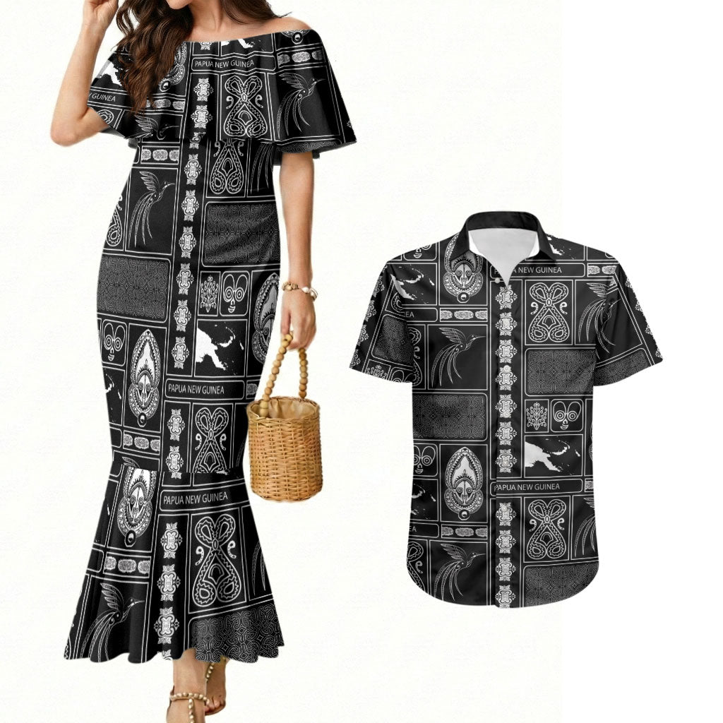 Papua New Guinea Heritage Motif Couples Matching Mermaid Dress and Hawaiian Shirt Black Version