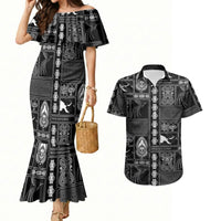Papua New Guinea Heritage Motif Couples Matching Mermaid Dress and Hawaiian Shirt Black Version