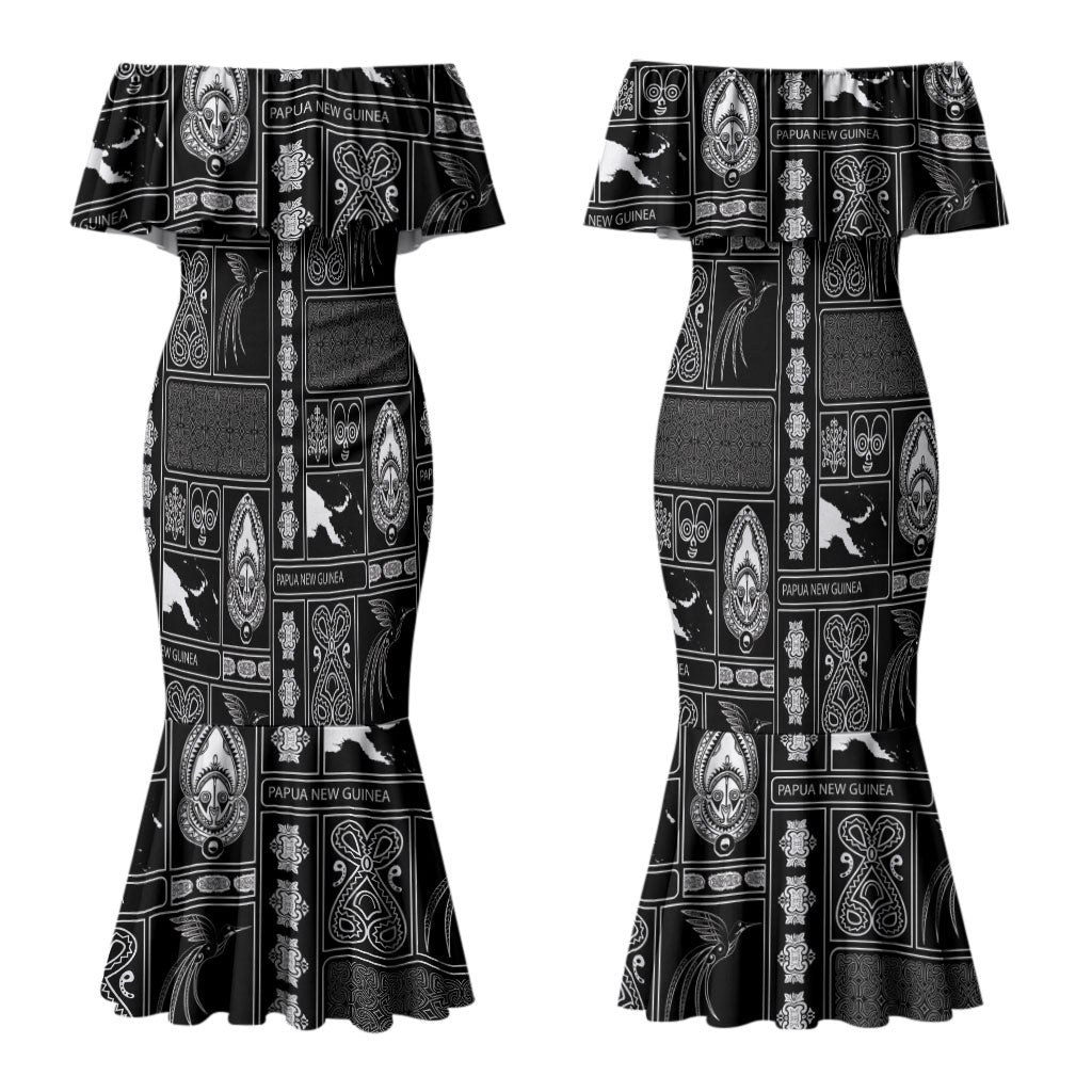 Papua New Guinea Heritage Motif Couples Matching Mermaid Dress and Hawaiian Shirt Black Version
