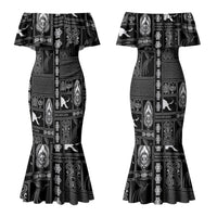 Papua New Guinea Heritage Motif Couples Matching Mermaid Dress and Hawaiian Shirt Black Version