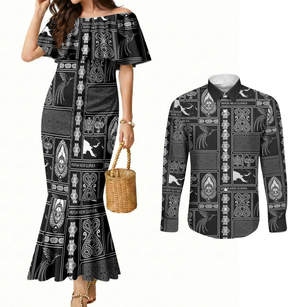Papua New Guinea Heritage Motif Couples Matching Mermaid Dress and Long Sleeve Button Shirt Black Version