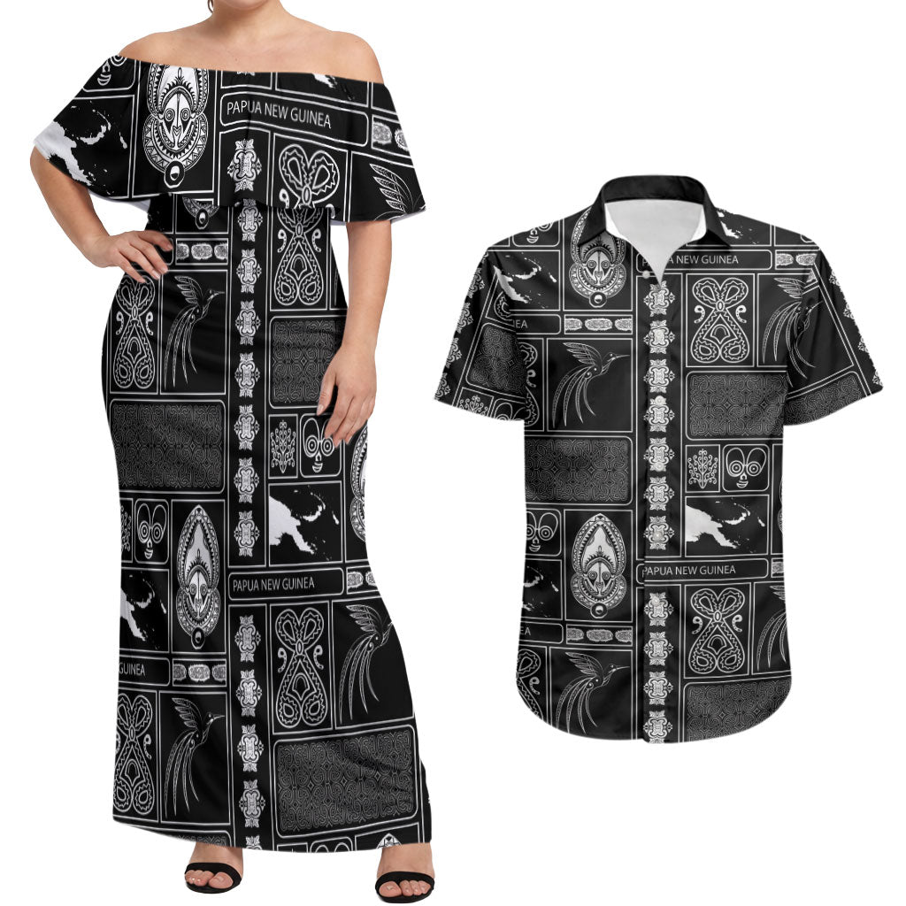 Papua New Guinea Heritage Motif Couples Matching Off Shoulder Maxi Dress and Hawaiian Shirt Black Version