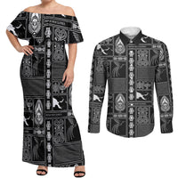 Papua New Guinea Heritage Motif Couples Matching Off Shoulder Maxi Dress and Long Sleeve Button Shirt Black Version