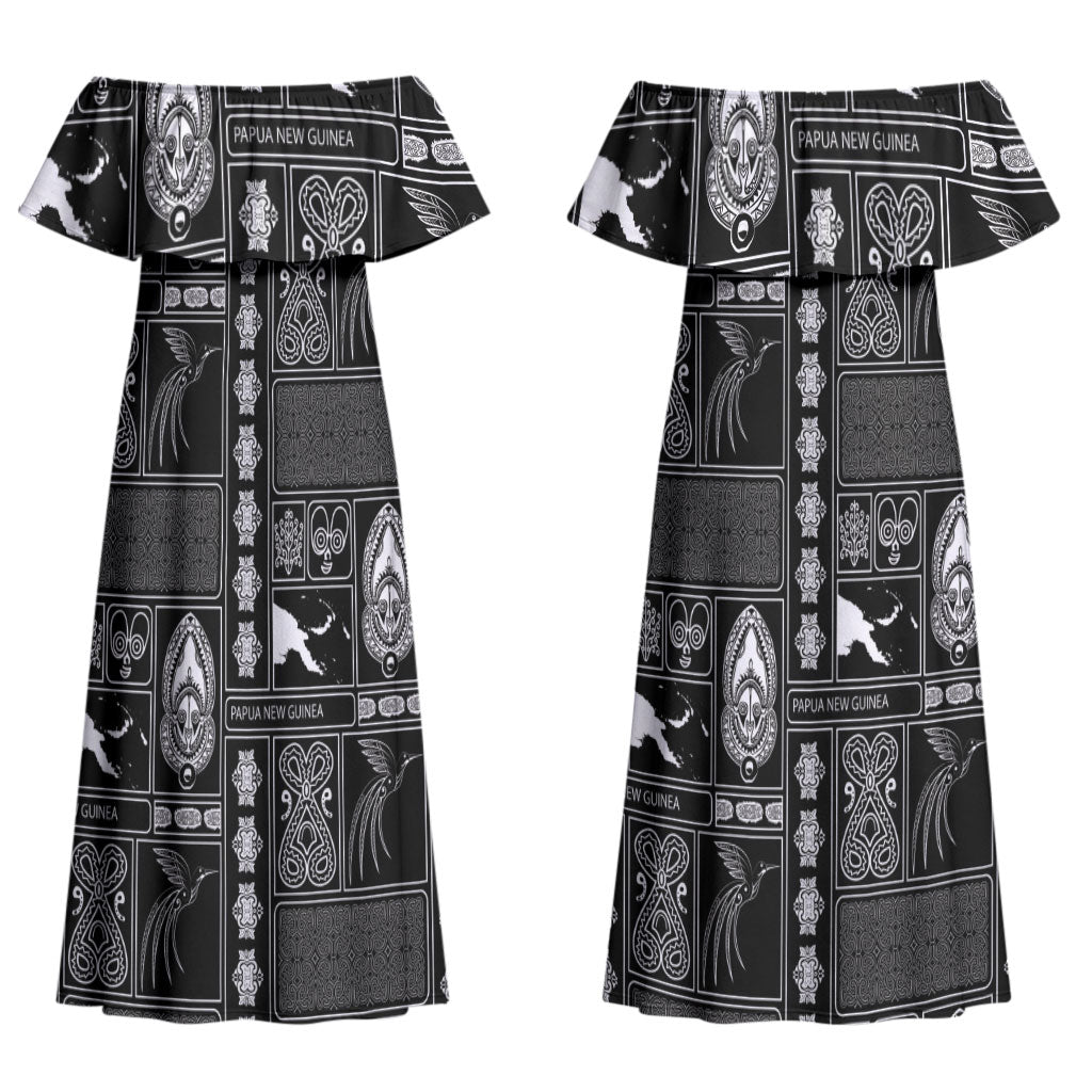 Papua New Guinea Heritage Motif Couples Matching Off Shoulder Maxi Dress and Long Sleeve Button Shirt Black Version