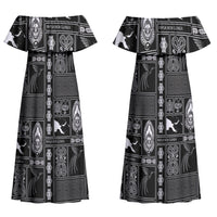 Papua New Guinea Heritage Motif Couples Matching Off Shoulder Maxi Dress and Long Sleeve Button Shirt Black Version