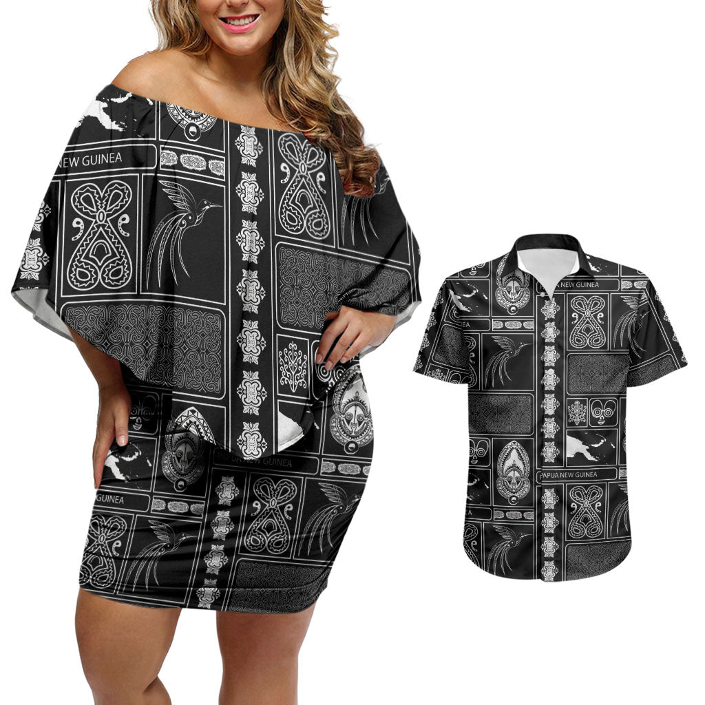 Papua New Guinea Heritage Motif Couples Matching Off Shoulder Short Dress and Hawaiian Shirt Black Version
