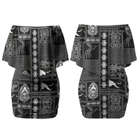 Papua New Guinea Heritage Motif Couples Matching Off Shoulder Short Dress and Hawaiian Shirt Black Version