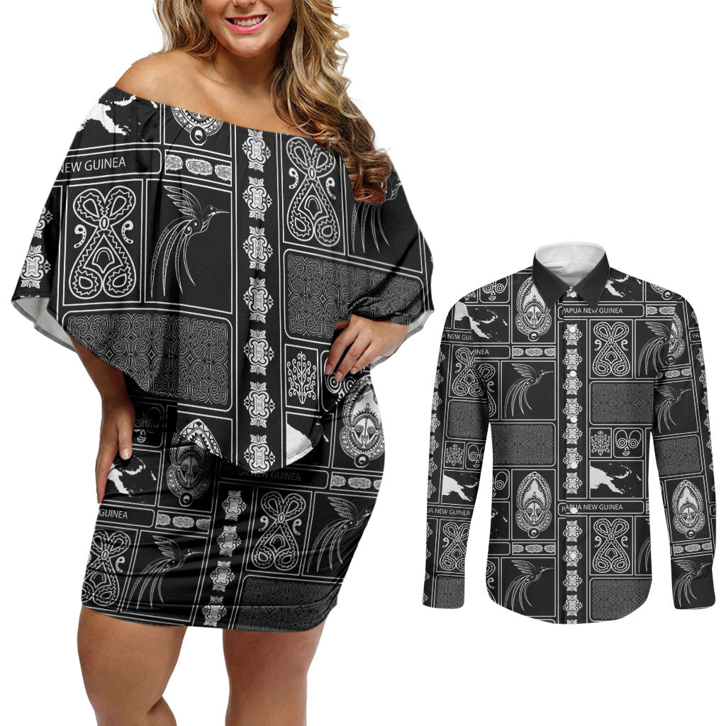 Papua New Guinea Heritage Motif Couples Matching Off Shoulder Short Dress and Long Sleeve Button Shirt Black Version