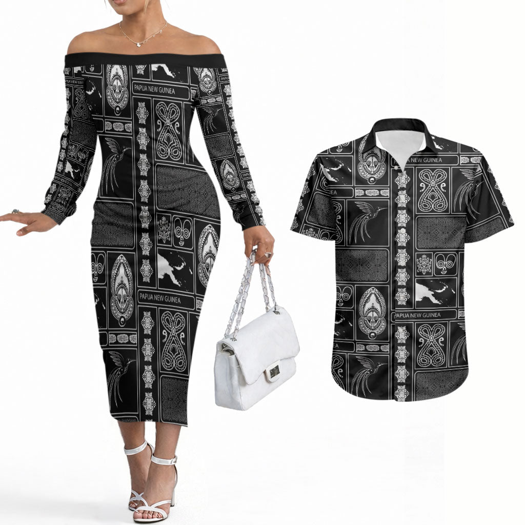 Papua New Guinea Heritage Motif Couples Matching Off The Shoulder Long Sleeve Dress and Hawaiian Shirt Black Version