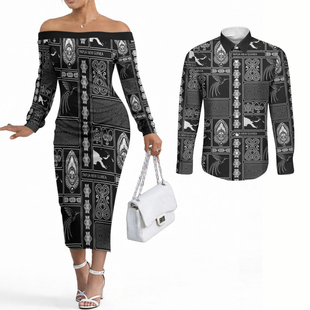 Papua New Guinea Heritage Motif Couples Matching Off The Shoulder Long Sleeve Dress and Long Sleeve Button Shirt Black Version