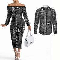 Papua New Guinea Heritage Motif Couples Matching Off The Shoulder Long Sleeve Dress and Long Sleeve Button Shirt Black Version