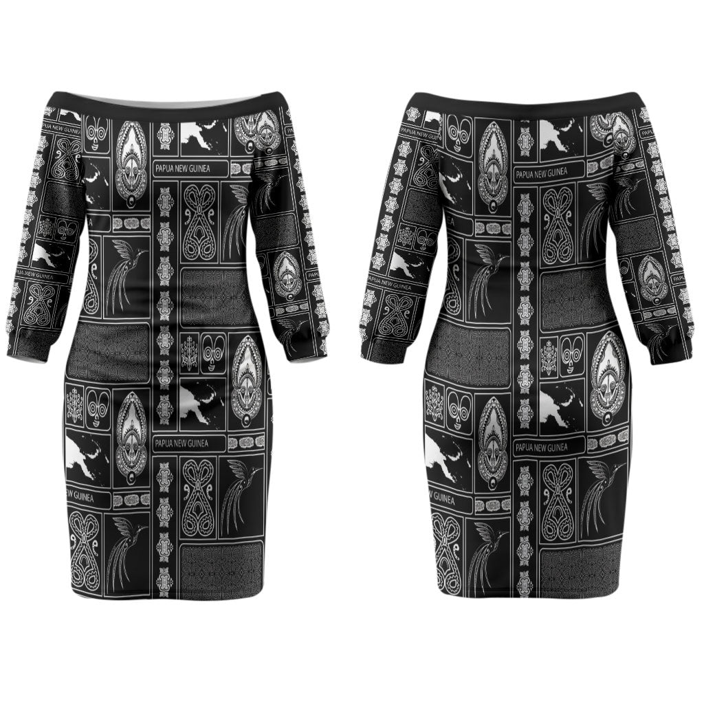 Papua New Guinea Heritage Motif Couples Matching Off The Shoulder Long Sleeve Dress and Long Sleeve Button Shirt Black Version