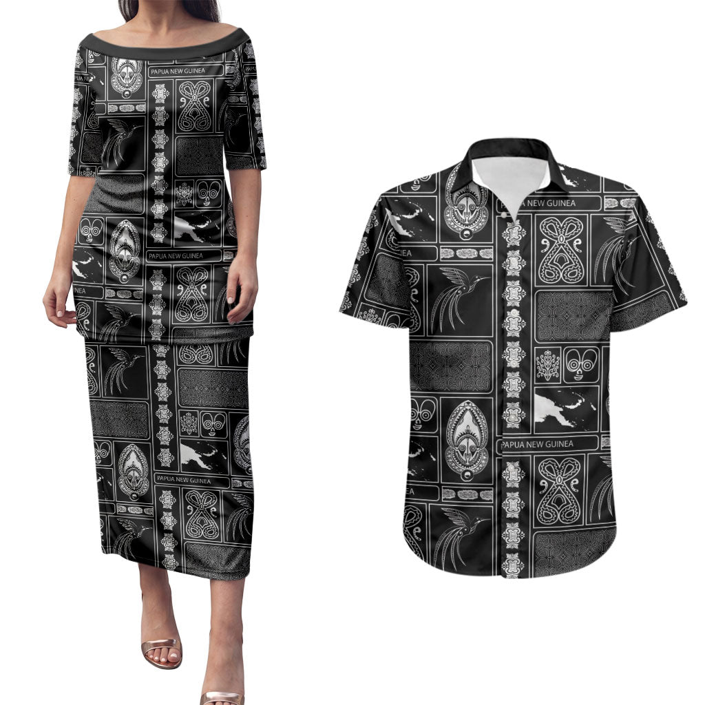 Papua New Guinea Heritage Motif Couples Matching Puletasi and Hawaiian Shirt Black Version