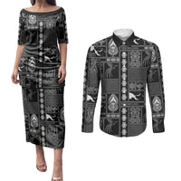 Papua New Guinea Heritage Motif Couples Matching Puletasi and Long Sleeve Button Shirt Black Version